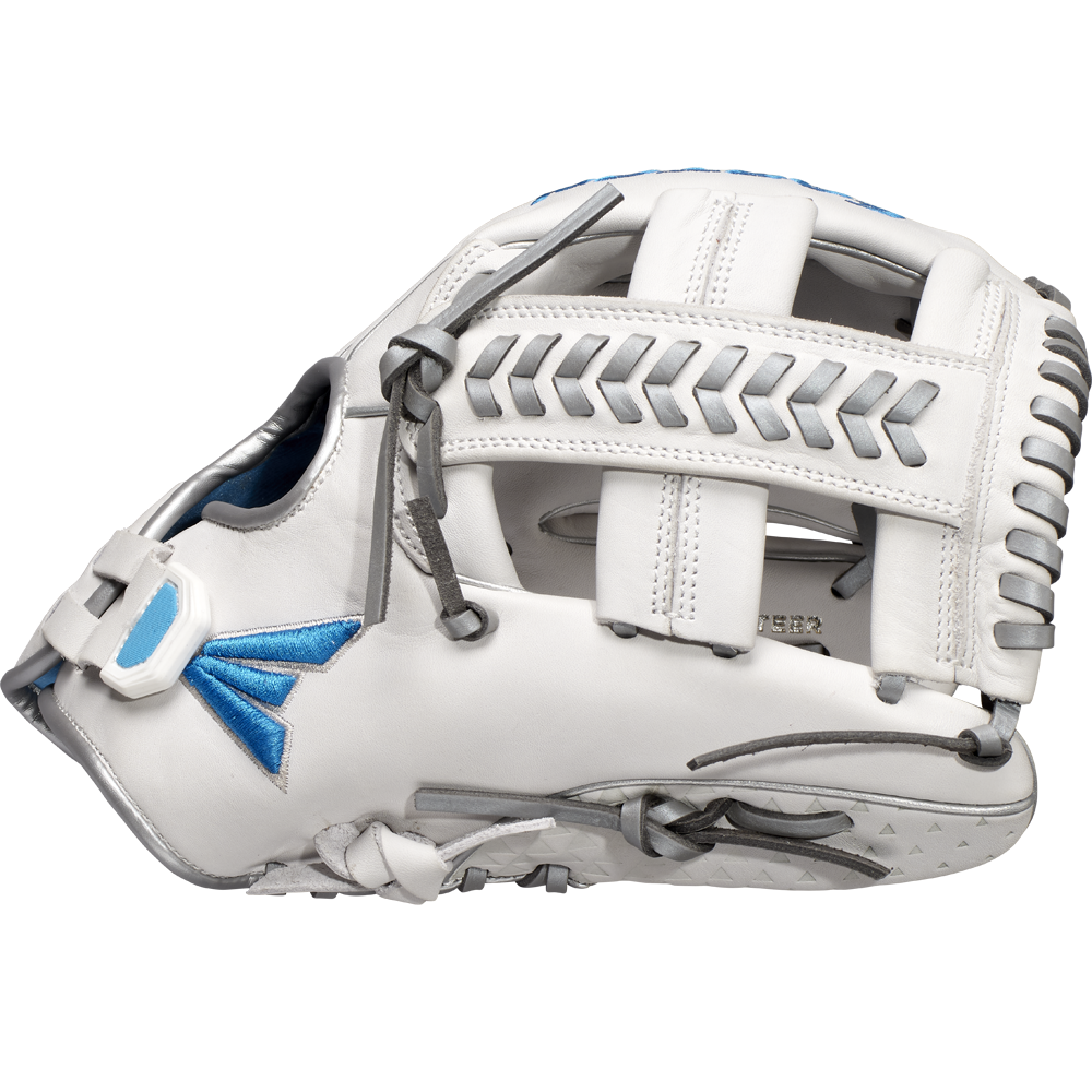 The Easton Ghost NX 11.75" Fastpitch Softball Glove (GNXFP1175) features Game Ready Diamond Pro Steer leather, white color, gray laces, silver accents, and a blue Easton logo, shown on a plain white background.