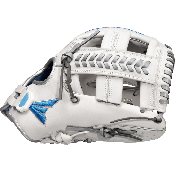 The Easton Ghost NX 11.75" Fastpitch Softball Glove (GNXFP1175) features Game Ready Diamond Pro Steer leather, white color, gray laces, silver accents, and a blue Easton logo, shown on a plain white background.