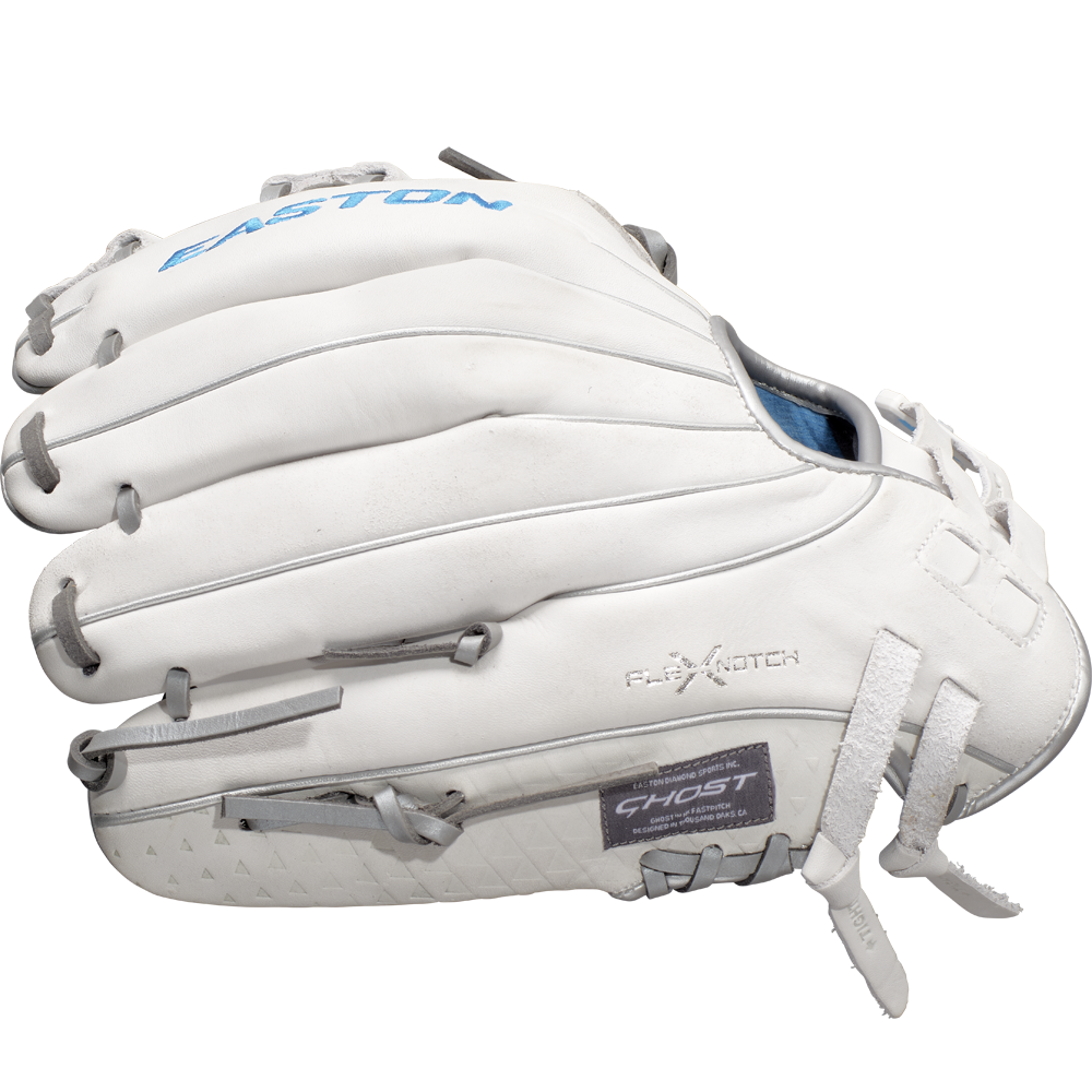 The Easton Ghost NX 11.75" Fastpitch Softball Glove (GNXFP1175) is white with blue accents, visible stitching, and FLEX NOTCH and GHOST labels. Made with Game Ready Diamond Pro Steer leather, it's shown against a plain white background.