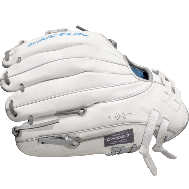The Easton Ghost NX 11.75" Fastpitch Softball Glove (GNXFP1175) is white with blue accents, visible stitching, and FLEX NOTCH and GHOST labels. Made with Game Ready Diamond Pro Steer leather, it's shown against a plain white background.
