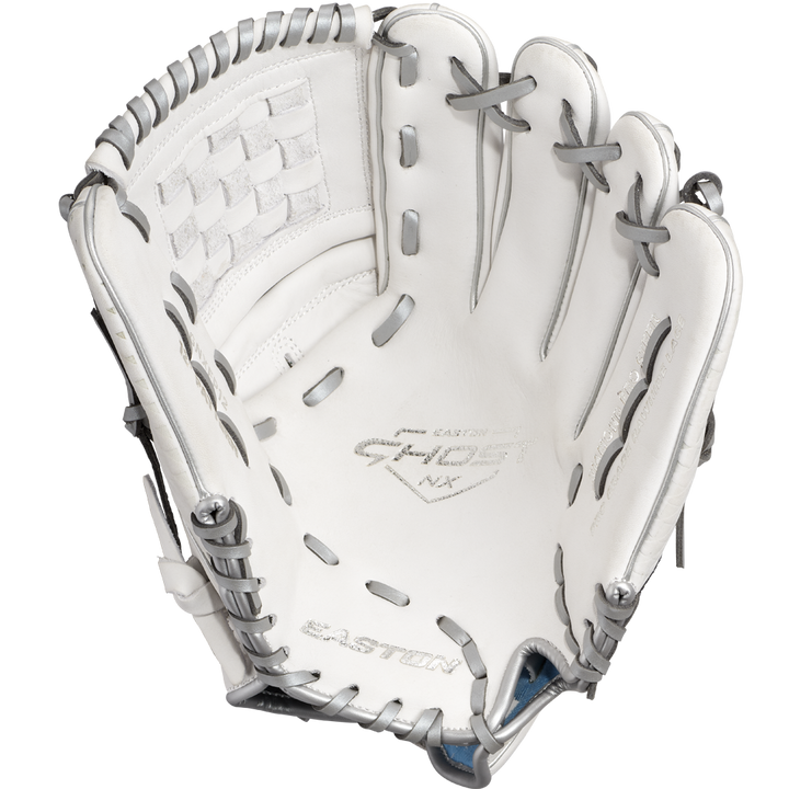 A top view of the Easton Ghost NX 12" Fastpitch Softball Glove with gray lacing highlights its open pocket and webbing. The Easton branding appears on the palm, and it's crafted from Game Ready Diamond Pro Steer leather.