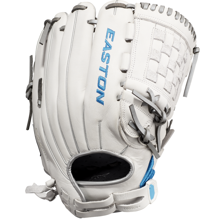 The Easton Ghost NX 12" Fastpitch Softball Glove (GNXFP12) features a white design with gray laces, blue text, woven web, open wrist area, and is crafted from Game Ready Diamond Pro Steer leatherâshown on a plain white background.