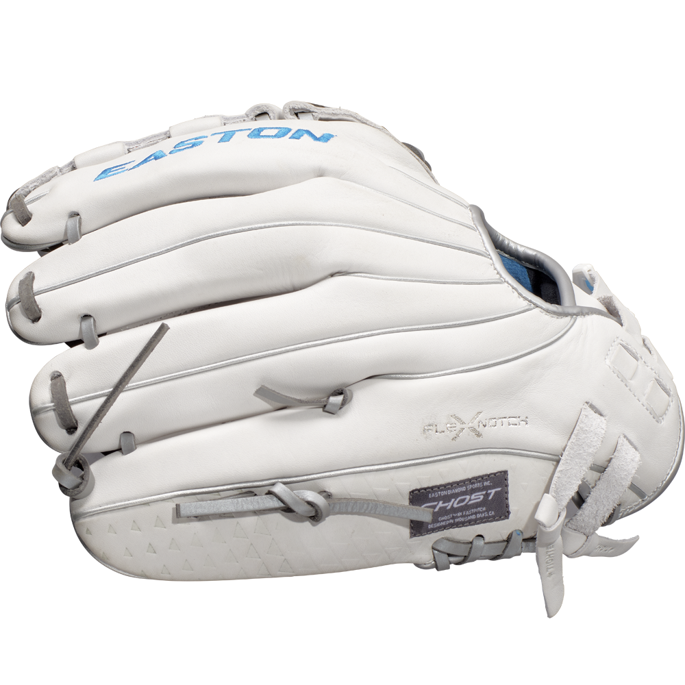 The Easton Ghost NX 12" Fastpitch Softball Glove (GNXFP12) features white leather with gray laces, blue Easton branding, a woven web, and Game Ready Diamond Pro Steer material—ideal for any fastpitch softball collection.