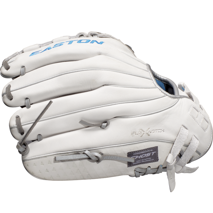 The Easton Ghost NX 12" Fastpitch Softball Glove (GNXFP12) features white leather with gray laces, blue Easton branding, a woven web, and Game Ready Diamond Pro Steer materialâideal for any fastpitch softball collection.