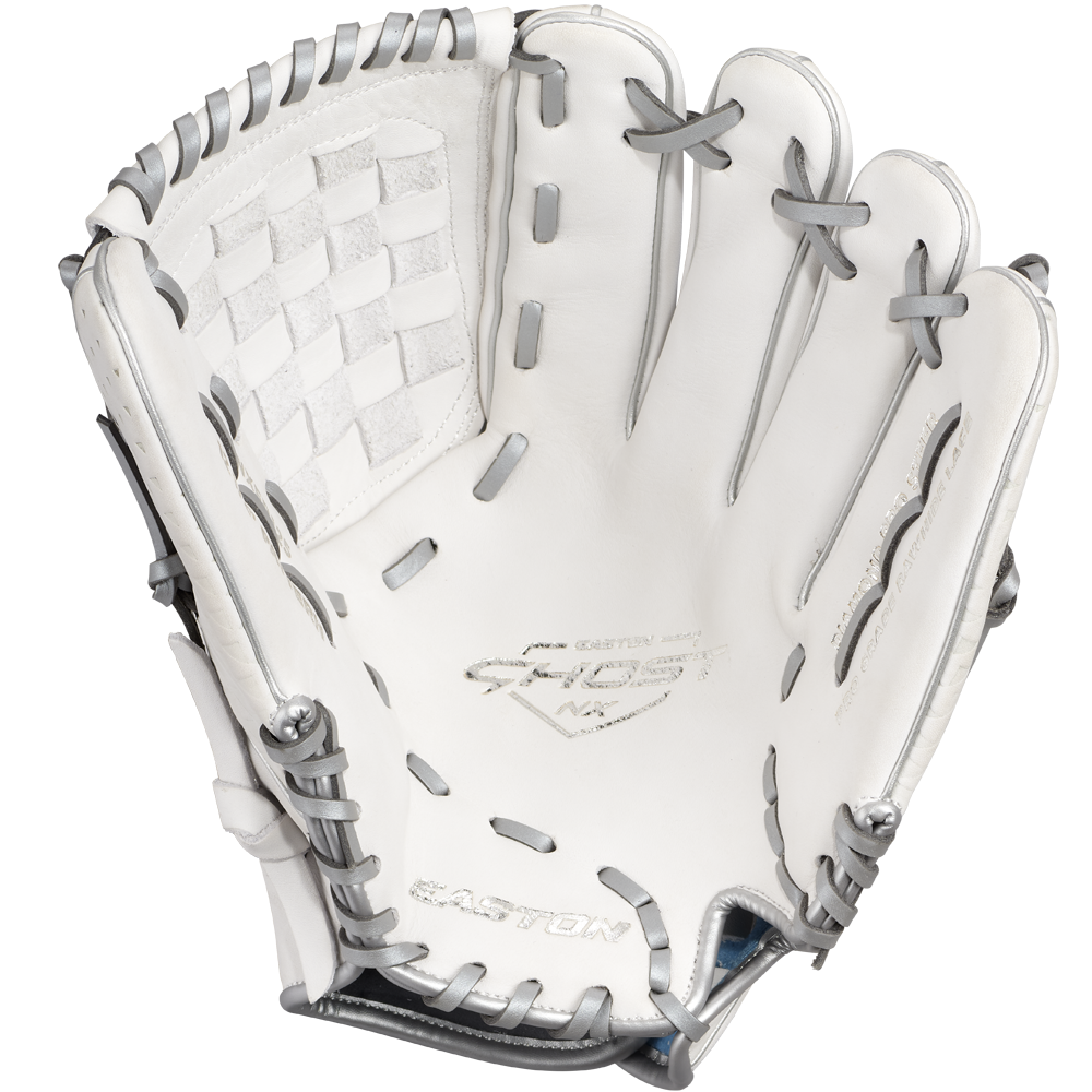 The Easton Ghost NX 12.5" Fastpitch Softball Glove (GNXFP125) is a white glove with grey laces, a woven pocket, and Diamond Pro Steer leather, featuring the Easton logo embossed inside the palm.