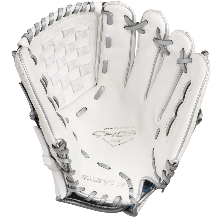 The Easton Ghost NX 12.5" Fastpitch Softball Glove (GNXFP125) is a white glove with grey laces, a woven pocket, and Diamond Pro Steer leather, featuring the Easton logo embossed inside the palm.