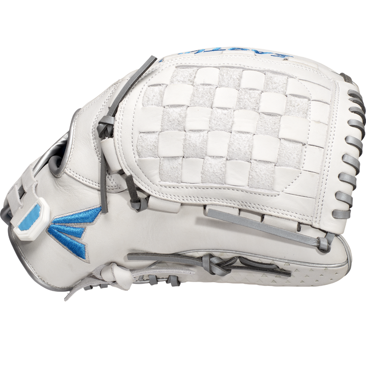 The Easton Ghost NX 12.5" Fastpitch Softball Glove: GNXFP125 features blue and white stitching and is crafted from premium Diamond Pro Steer leather, blending style and elite performance for fastpitch players.