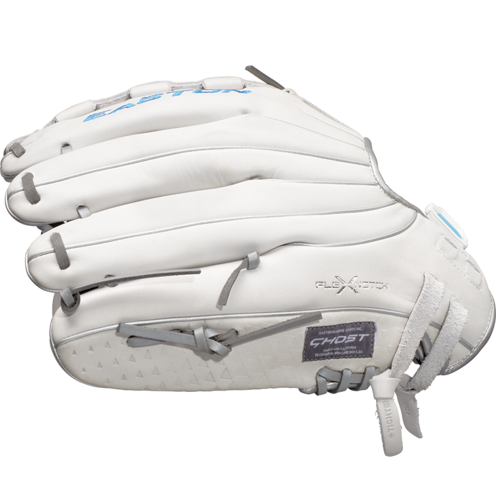 A white Easton Ghost NX 12.5" Fastpitch Softball Glove (GNXFP125) with gray stitching and accents, featuring EASTON and GHOST branding, is shown closed from the side on a plain background.