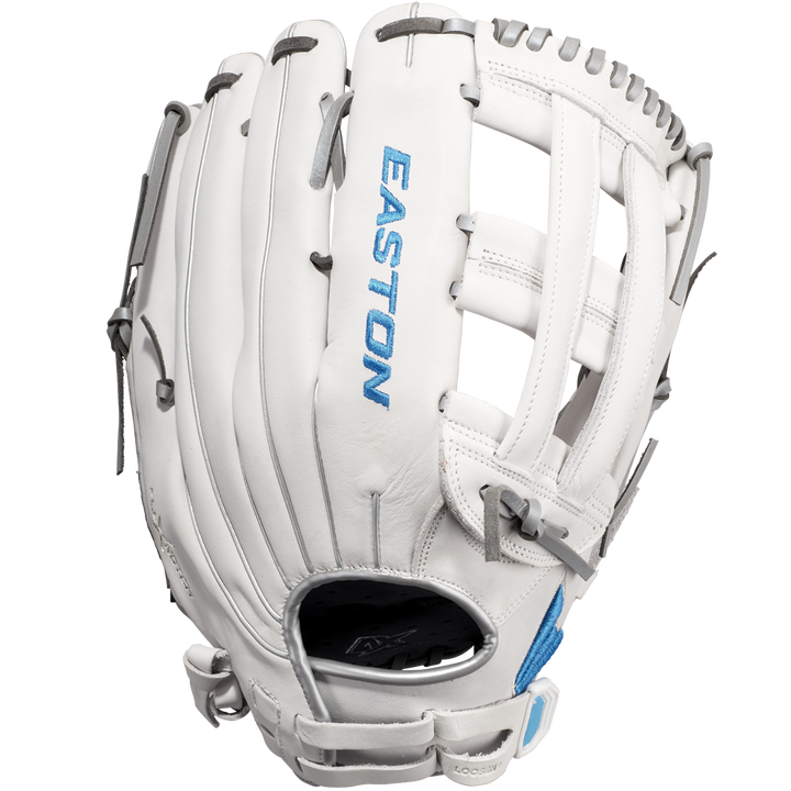 The Easton Ghost NX 12.75" Fastpitch Softball Glove (GNXFP1275) features white Game Ready Diamond Pro Steer leather, gray laces, blue embroidery, and an open web design, shown on a plain white background.