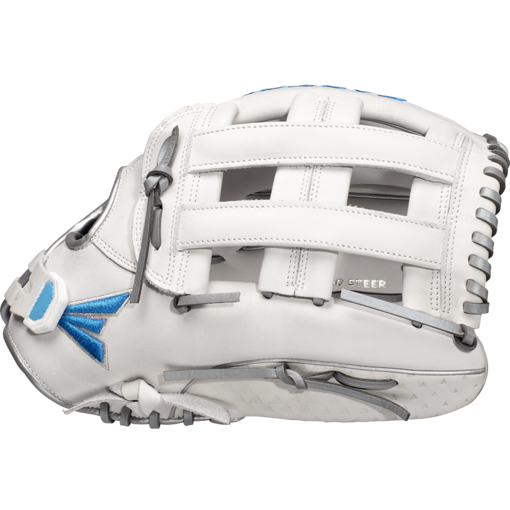 The Easton Ghost NX 12.75" Fastpitch Softball Glove (GNXFP1275) by Easton is shown in white with gray laces and blue accents, featuring a basket web, detailed stitching, and Game Ready Diamond Pro Steer leather.