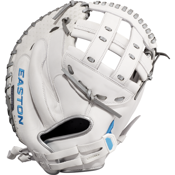 The Easton Ghost NX 34" Fastpitch Catcher's Mitt (GNXFP234) features Game Ready Diamond Pro Steer leather in white with gray stitching, blue EASTON logo on the thumb, and a padded wrist strap.