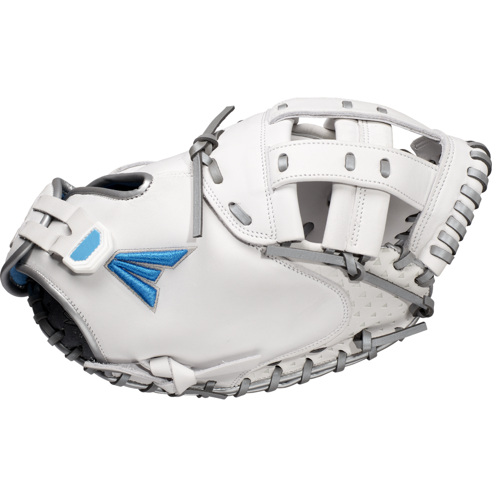 The Easton Ghost NX 34" Fastpitch Catcher's Mitt (GNXFP234), featuring white Game Ready Diamond Pro Steer leather, gray lacing, and blue/gray logos, is shown on a plain white background.