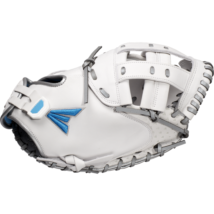 The Easton Ghost NX 34" Fastpitch Catcher's Mitt (GNXFP234), featuring white Game Ready Diamond Pro Steer leather, gray lacing, and blue/gray logos, is shown on a plain white background.