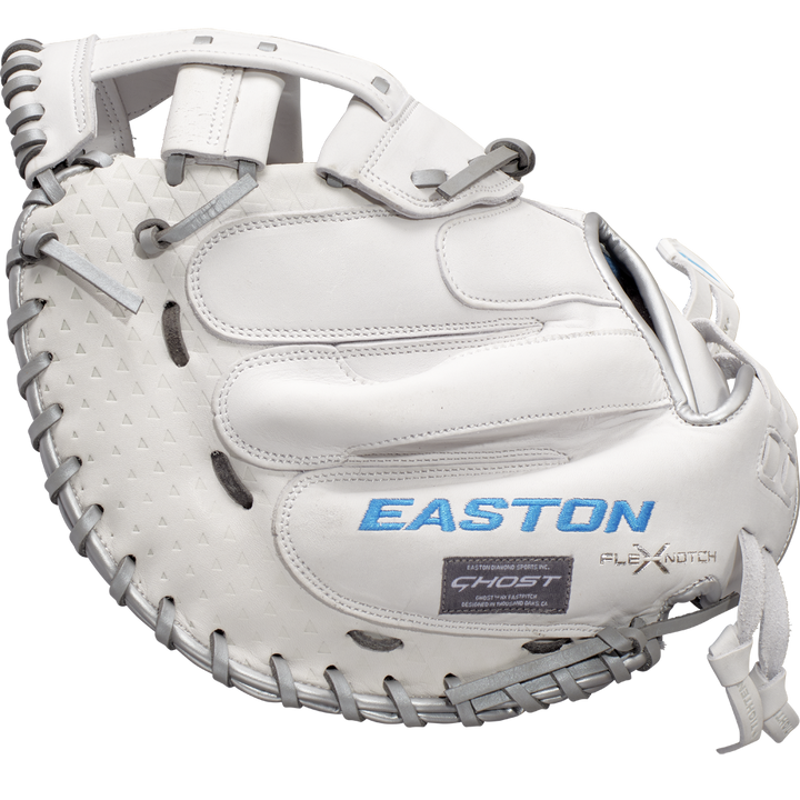 The Easton Ghost NX 34" Fastpitch Catcher's Mitt: GNXFP234 features Game Ready Diamond Pro Steer leather with gray lacing and blue-silver logos, making it an ideal choice for serious fastpitch catchers.