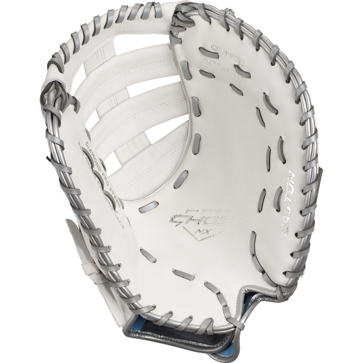 The Easton Ghost NX 13" Fastpitch First Base Mitt (GNXFP313) by Easton is shown on a white background, crafted from premium Diamond Pro Steer leather for top fastpitch glove performance.