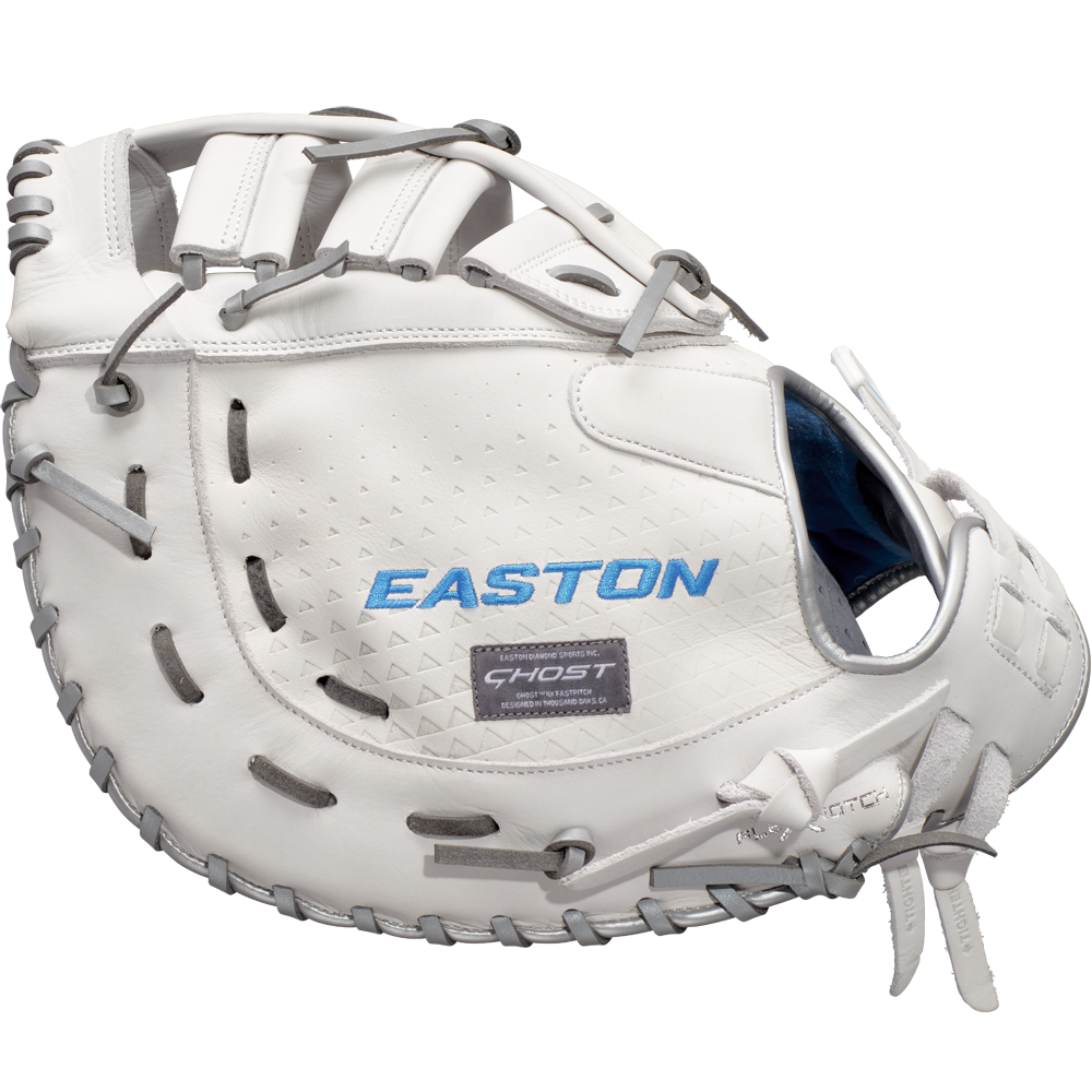 The Easton Ghost NX 13" Fastpitch First Base Mitt (GNXFP313) is a white glove with gray laces and blue accents, made from Diamond Pro Steer leather and shown from the side to highlight its logo and detailed stitching.