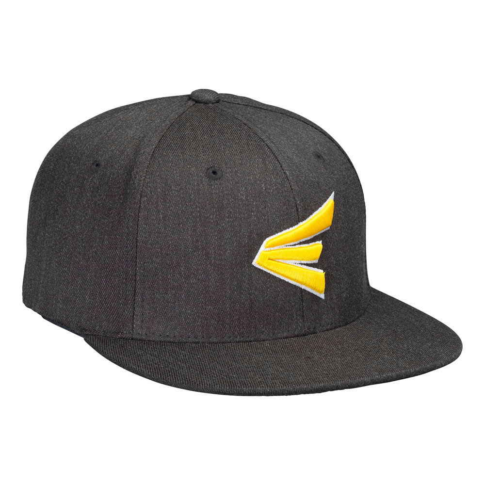 The Easton Gameday 2 Flex Fit Hat (A167944) is a dark gray pro-style cap with a flat brim, featuring the Easton Screamin’ E yellow and white logo on the front left panel.