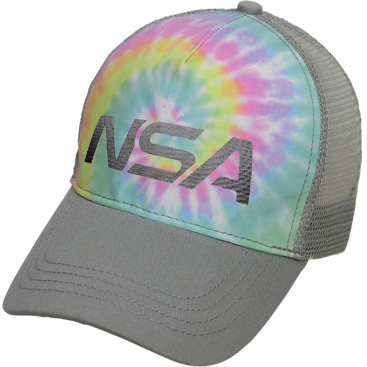 The Pacific Headwear NSA Classic Series Tie Dye Snapback Hat (TD9200) features a pastel tie-dye front, large black NSA logo, gray bill, and mesh back, representing the National Softball Association.