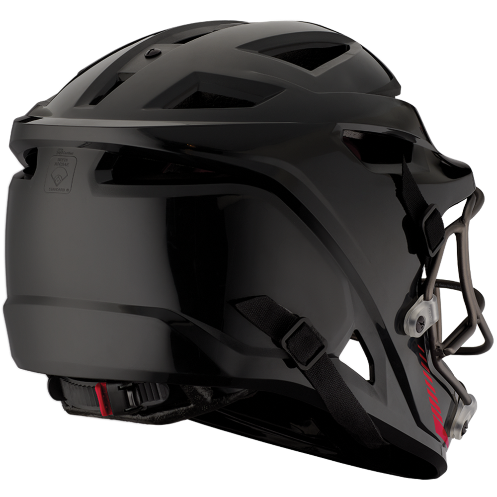 The Easton Hellcat Slowpitch Fielding Helmet (EHCATH) in matte black features angular vents, a face cage, and a chin strapâshown from the back and side on a white backgroundâperfect protective gear for serious players.