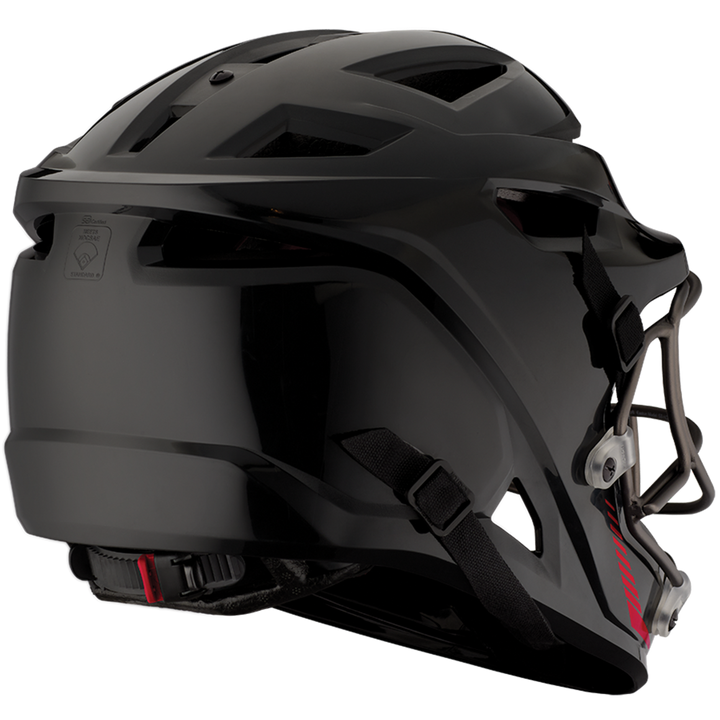 The Easton Hellcat Slowpitch Fielding Helmet (EHCATH) in matte black features angular vents, a face cage, and a chin strapâshown from the back and side on a white backgroundâperfect protective gear for serious players.