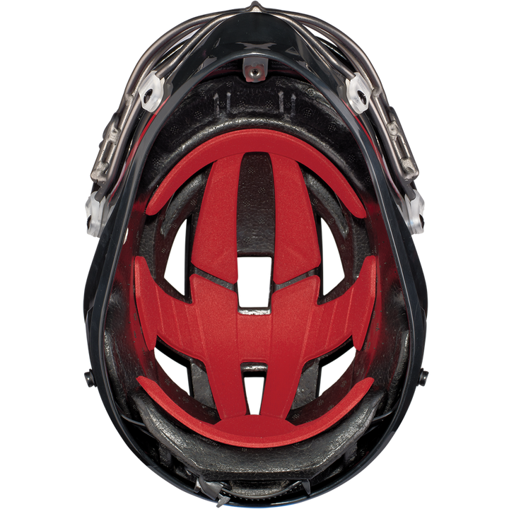 Inside view of the Easton Hellcat Slowpitch Fielding Helmet (EHCATH) by Easton shows red padding, black protective foam lining, and side adjustment mechanismsâperfect for your slowpitch fielding protection needs.
