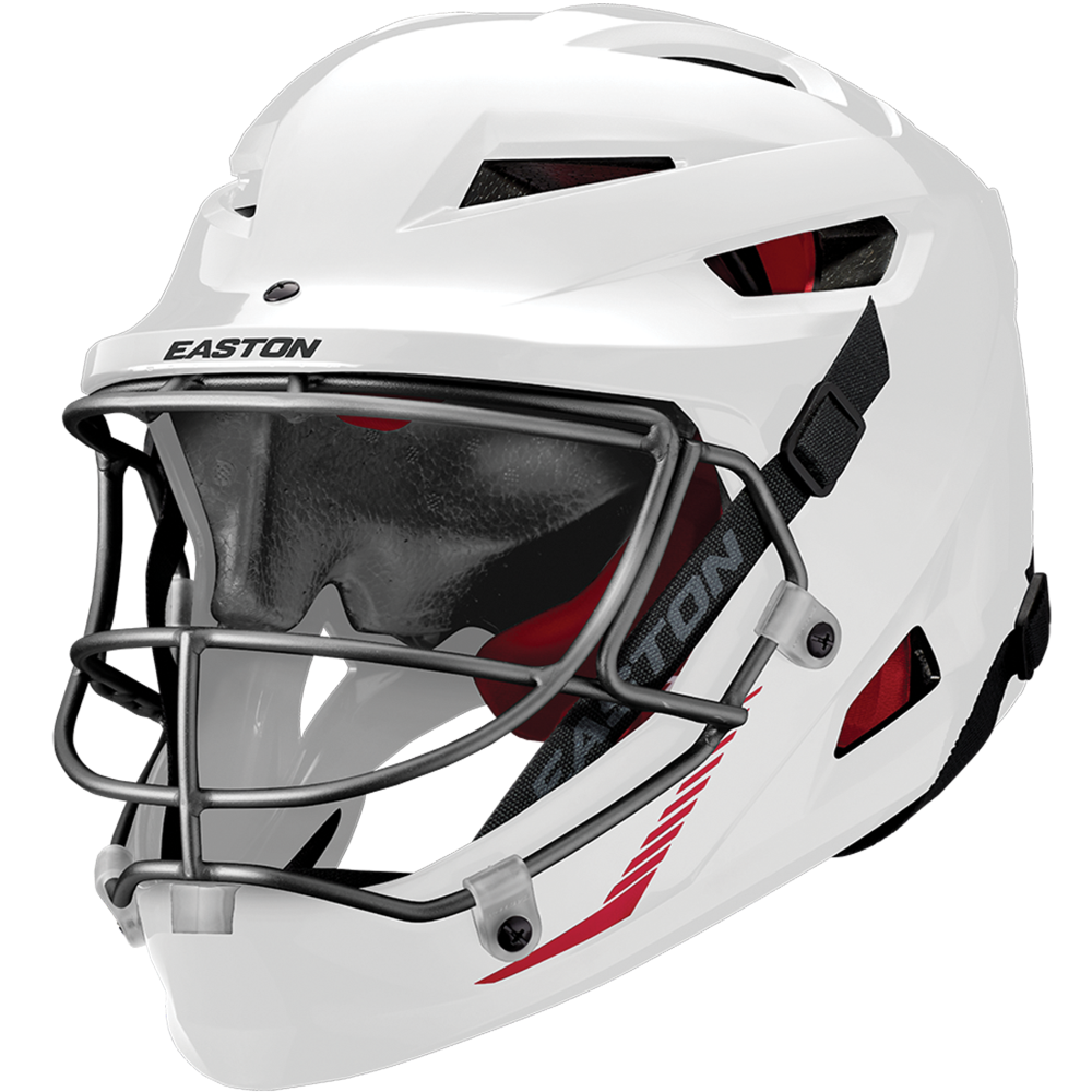 The Easton Hellcat Slowpitch Fielding Helmet (EHCATH) features a white shell, black metal face guard, black chin strap, red interior padding, ventilation slots, and an aerodynamic design for top-notch protection on the field.