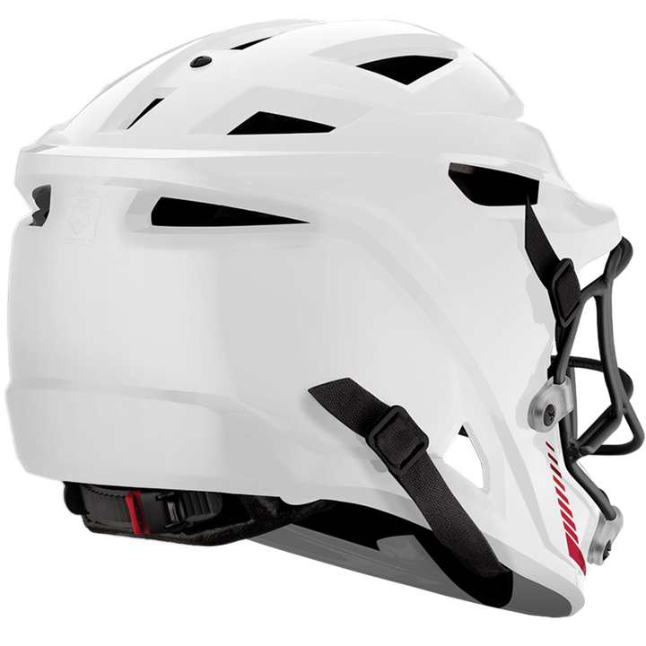 The Easton Hellcat Slowpitch Fielding Helmet: EHCATH by Easton is shown from the back and side on a plain light background. This white helmet features ventilation slots, black chin straps, and a face guard for essential protection.