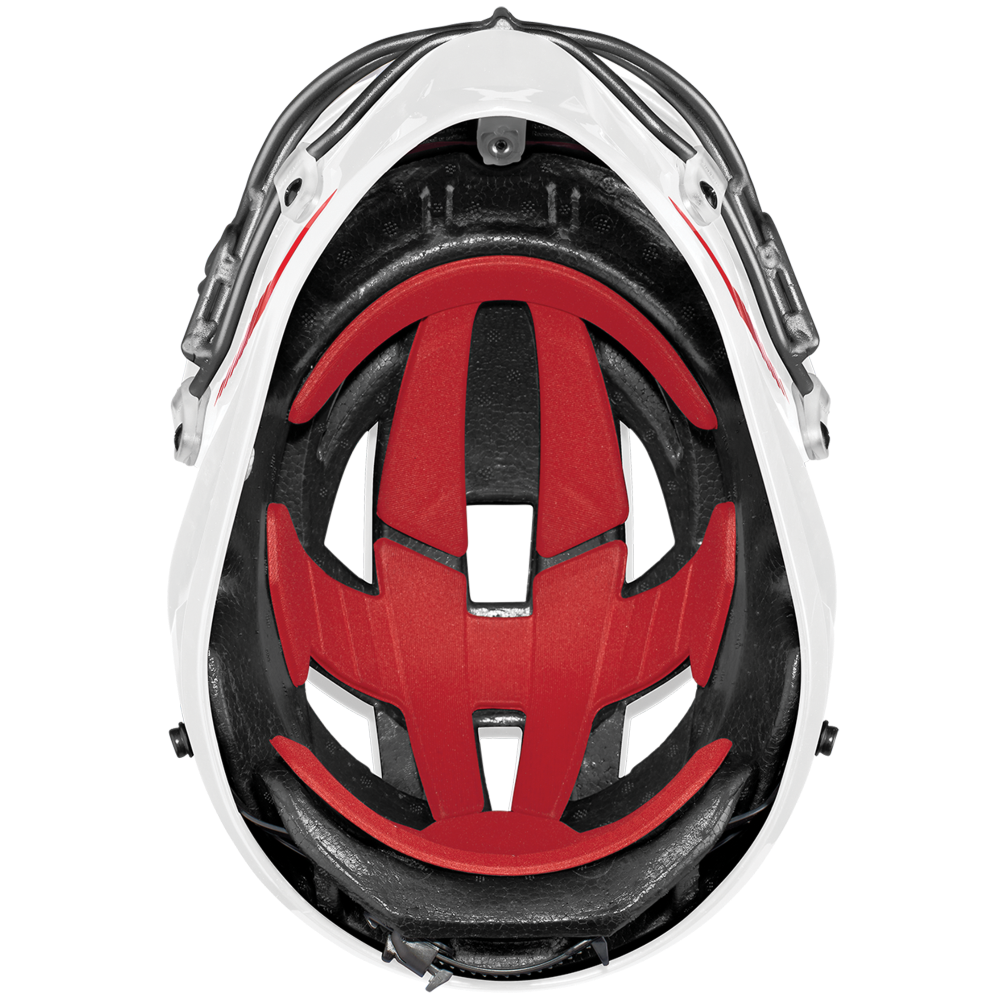 Close-up of the Easton Hellcat Slowpitch Fielding Helmet: EHCATH by Easton, showing red padded liners and black foam cushioning from a top view, highlighting its protective internal structure.