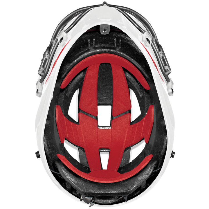 Close-up of the Easton Hellcat Slowpitch Fielding Helmet: EHCATH by Easton, showing red padded liners and black foam cushioning from a top view, highlighting its protective internal structure.