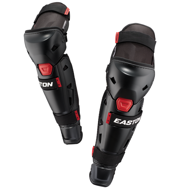 The Easton Hellcat Slowpitch Fielding Leg Guards (EHCATL) by Easton are black and red with adjustable straps, designed for sports protection and ideal as slowpitch softball leg guards, shown on a white background.