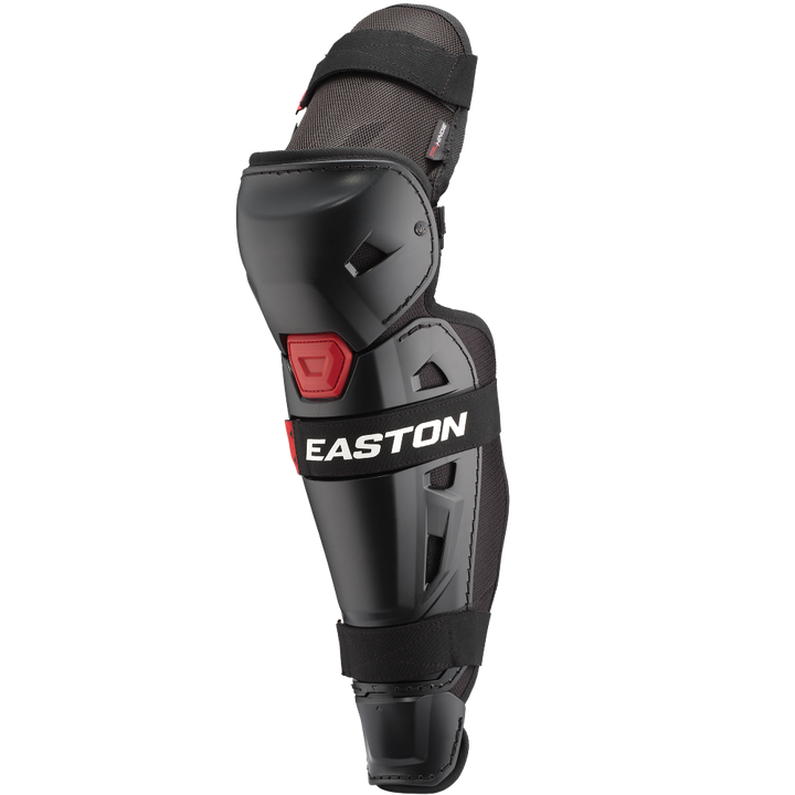 The Easton Hellcat Slowpitch Fielding Leg Guards (EHCATL) feature a black and gray design with red accents, adjustable straps, and provide ideal leg protection for slowpitch softball fielders.