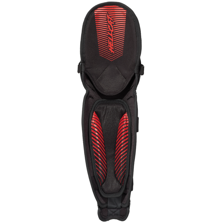 The Easton Hellcat Slowpitch Fielding Leg Guards: EHCATL by Easton, in black with red accents and angular patterns, offer superior leg protection for slowpitch softball and are shown photographed on a plain white background.