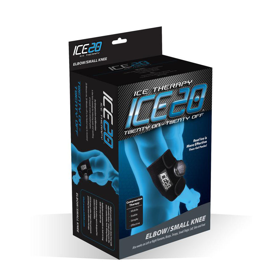 A retail box for the Bownet ICE20 Elbow / Small Knee Ice Compression Wrap (ICE-ELBOW-SM KNEE) features product images, a blue and black design, and highlights ice therapy, compression, and portability on the front.
