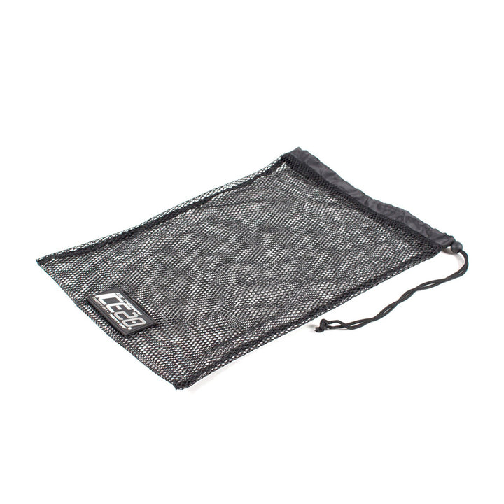 A black mesh ICE20 Double Shoulder Ice Compression Wrap by Bownet, featuring a white ICE29 patch, is displayed flat on a white surface.