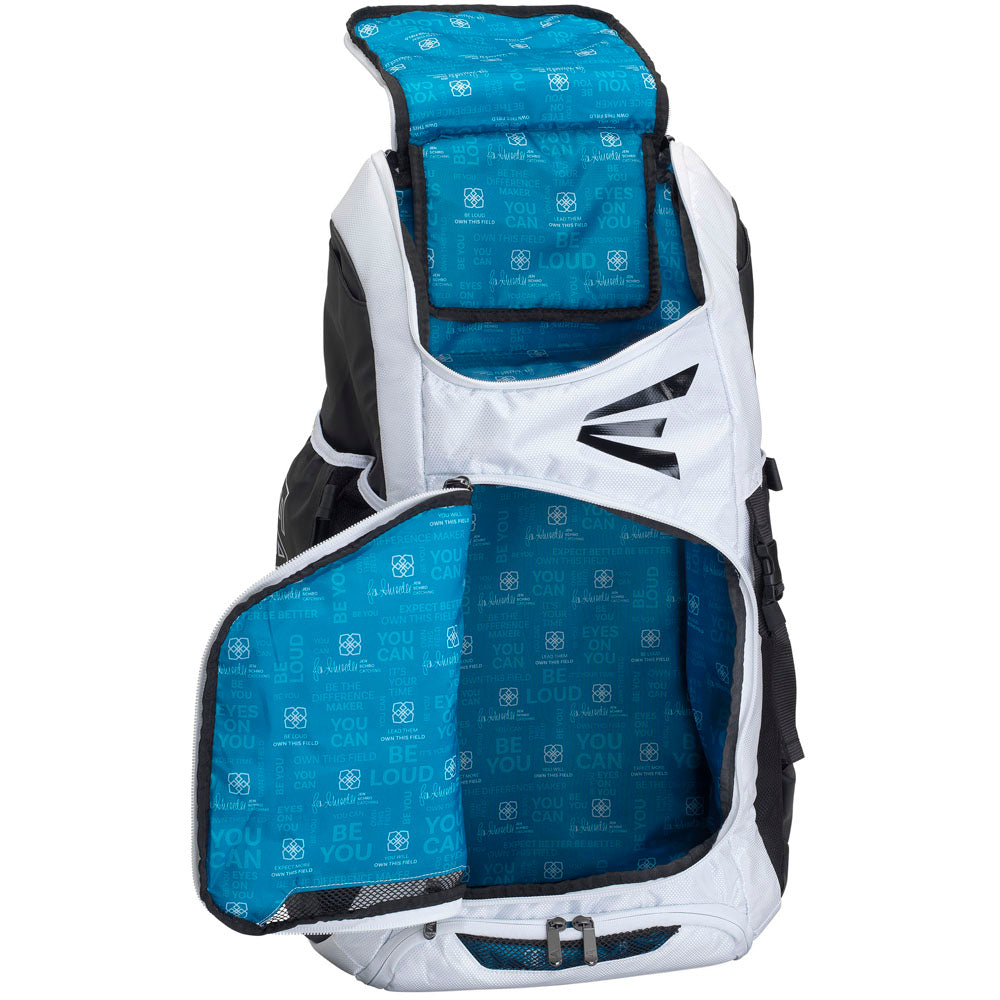 The Easton Jen Schro Catcher's Backpack (8073091 JSCATBP) in white and black features a bright blue interior with motivational text and symbols, plus multiple compartments and zippers for easy catcherβs gear organization.