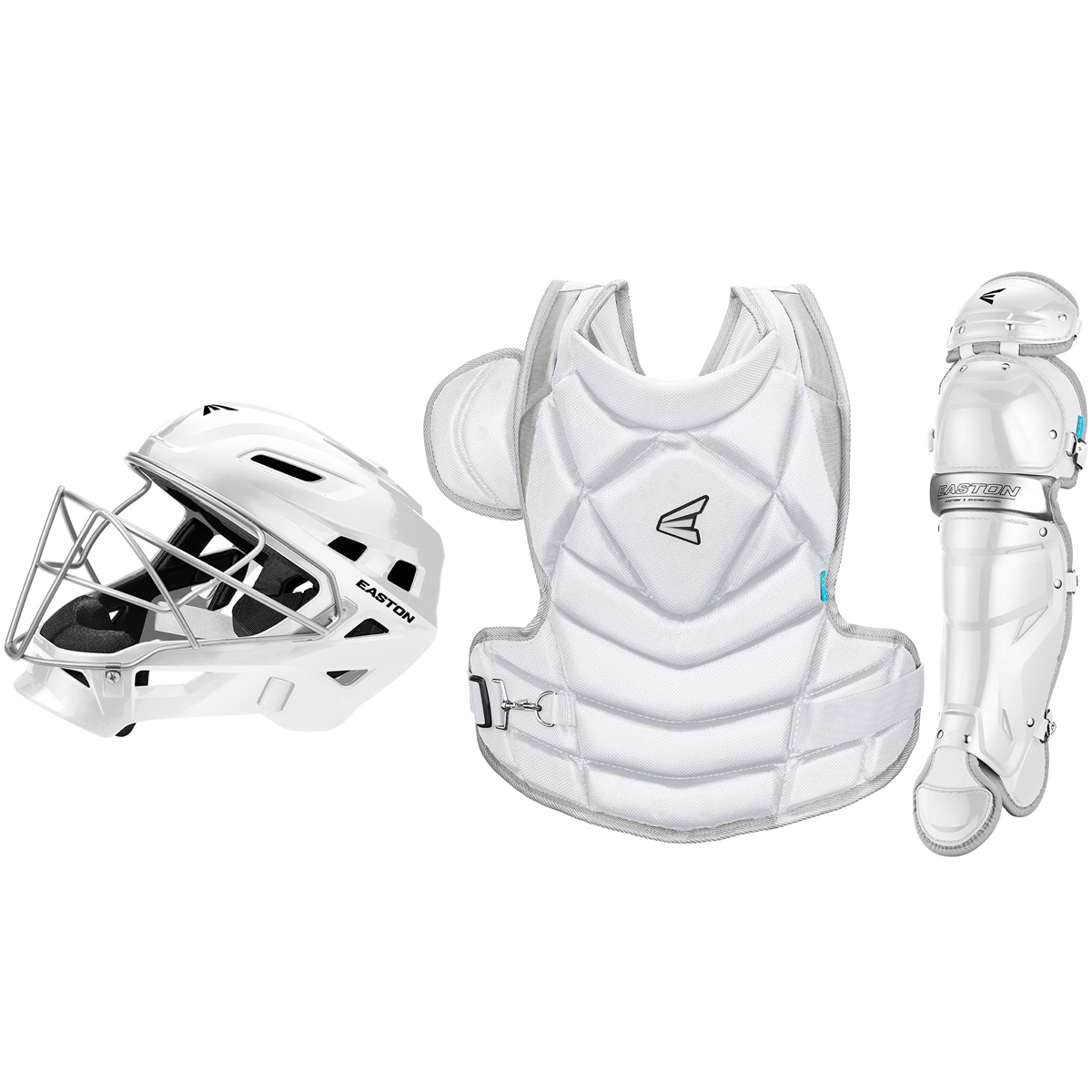 The Easton Jen Schro Fundamental Fastpitch Catcher's Set (A165441) by Easton includes a helmet with metal face mask, padded chest protector, and single shin guard, all displayed side by side on a white background.
