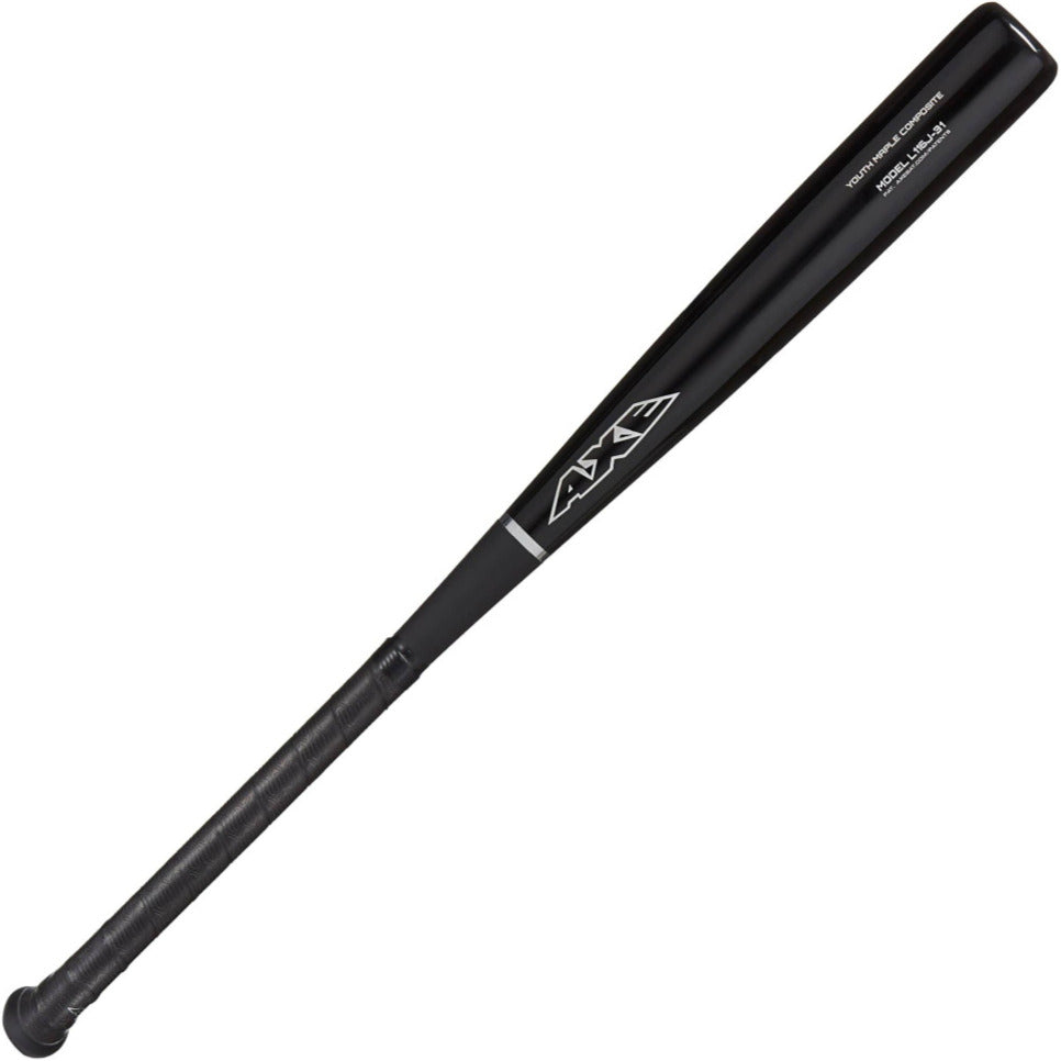 The AXE Pro Maple Youth Wood Baseball Bat: L116J features a big-barrel profile, black finish, textured grip handle, and the AXE brand name in white near the barrel.