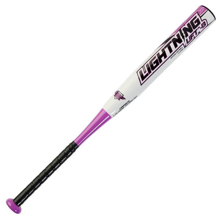 The Dudley Lightning Lift -13 Fastpitch Softball Bat (LLFP132) features a black handle, purple grip end, and white barrel marked "LIGHTNING" with purple and black accents. Its composite technology ensures a lightweight swing. No warranty included.