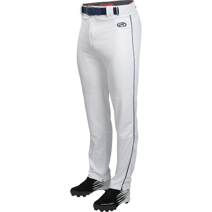 A pair of white Rawlings Youth Launch Semi-Relaxed Baseball Pants with piping (YLNCHSRP), featuring a navy side stripe, black belt, black cleats, and the Rawlings logo on the upper left thigh. Upper body not shown.