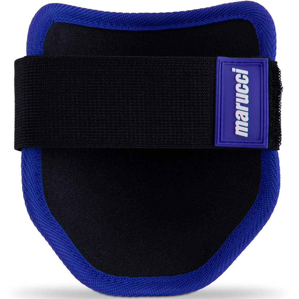 The Marucci Elbow Guard (MPELBGRD3) is a black and blue protective device with a durable PE shell, designed for weight lifting.