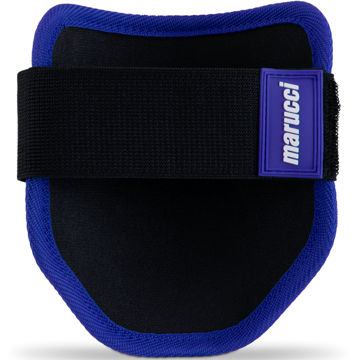 The Marucci Elbow Guard (MPELBGRD3) is a black and blue protective device with a durable PE shell, designed for weight lifting.