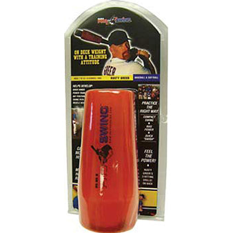 A red Markwort RBI Pro Swing baseball bat weight in packaging shows a player swinging on the backing card, with instructional text behind the product.