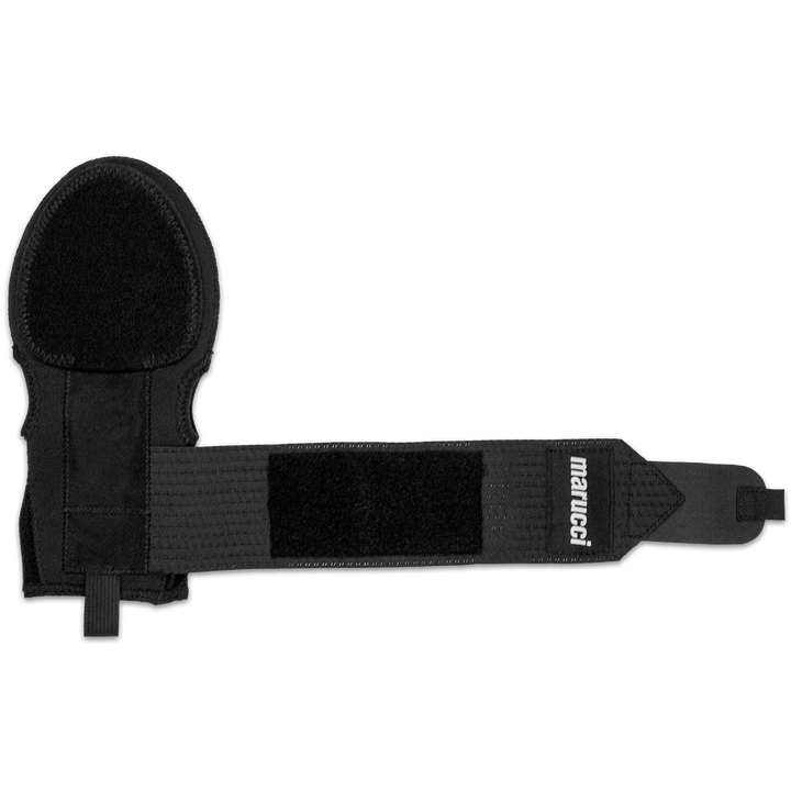 The Marucci Sliding Mitt: MPSLDMITT is a black wrist guard with compression-fit neoprene and an adjustable Velcro strap, shown laid flat on a white background for superior hand protection.