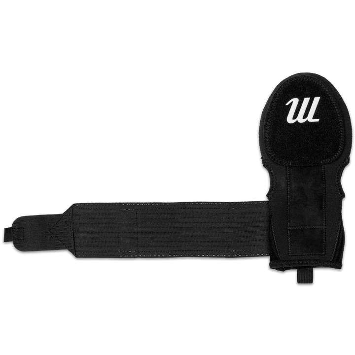 The Marucci Sliding Mitt: MPSLDMITT is a black compression-fit neoprene mitt with a wrist strap and white stylized W logo, shown flat on a white background, designed by Marucci to offer superior hand protection during play.