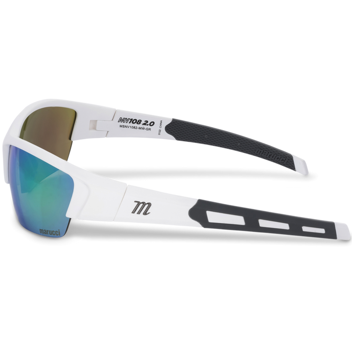 The Marucci MV108 2.0 Performance Sunglasses (MSNV1082) feature white and black frames, reflective blue-green Carl Zeiss lenses, a Marucci logo on the side, and arm accents, displayed on a plain white background.