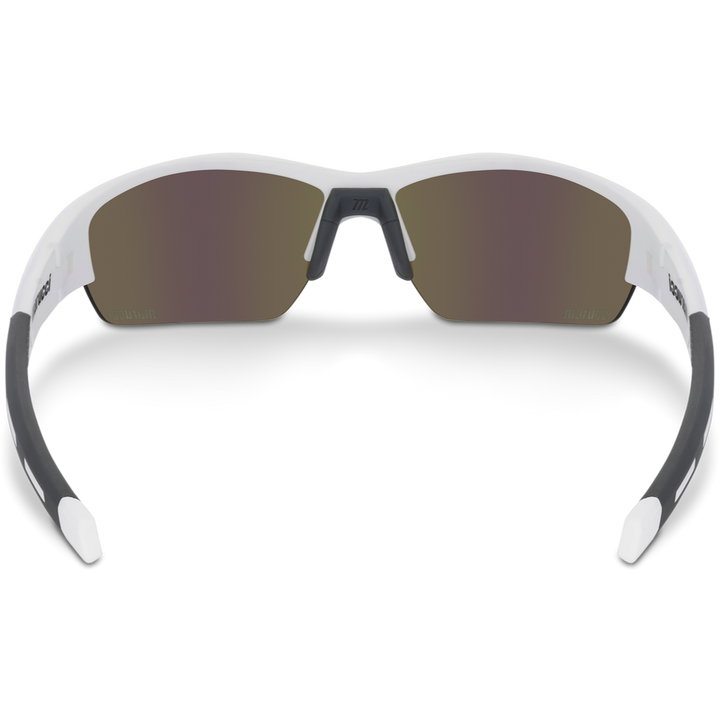 The Marucci MV108 2.0 Performance Sunglasses (MSNV1082) feature a white frame, black-tinted lenses, and black detailing on the arms, shown from the front against a plain background.