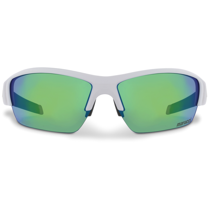 The Marucci MV108 2.0 Performance Sunglasses: MSNV1082 feature a white frame and green mirrored lenses, viewed from the front, with the Marucci logo on the lower right lens—delivering style and performance for athletes.