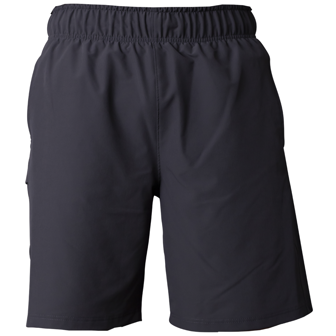 Miken Men's Slowpitch Shorts (MSPSM20) by Miken are plain black poly-spandex athletic shorts with an elastic waistband, shown against a white background.