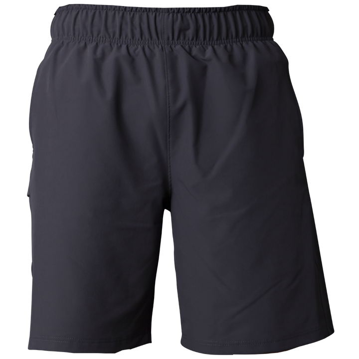 Miken Men's Slowpitch Shorts (MSPSM20) by Miken are plain black poly-spandex athletic shorts with an elastic waistband, shown against a white background.