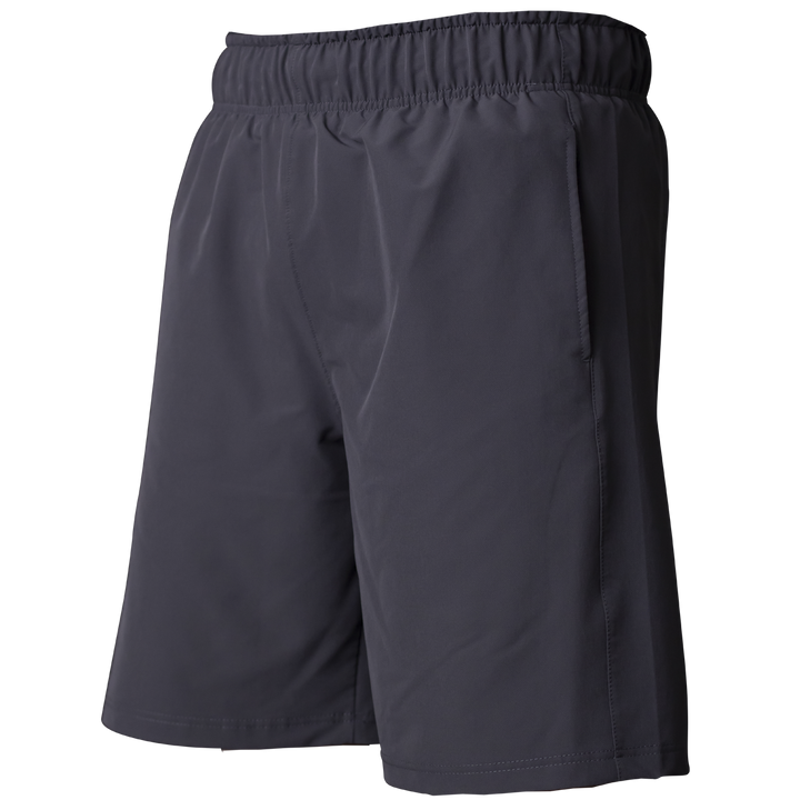 The Miken Men's Slowpitch Shorts: MSPSM20 feature a breathable poly-spandex blend, elastic waistband, and side pockets. These dark gray shorts by Miken are displayed against a plain white background.